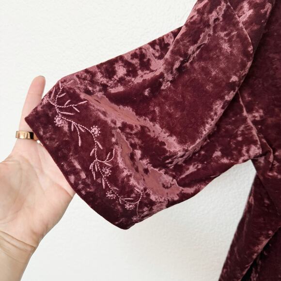 [J. Jill] Maroon Floral Embroidered Scoop Neck Velvet Blouse Boho Tunic Sz Large - Picture 8 of 10